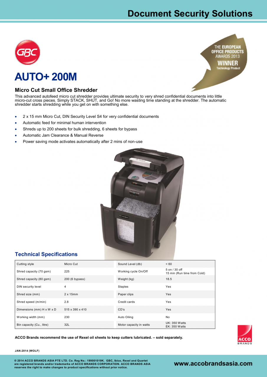 GBC AUTO+200M 全自動碎紙機(碎粉粒狀)