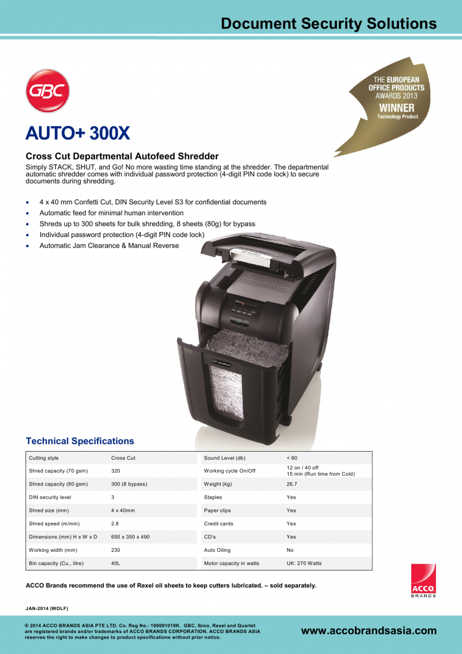GBC AUTO+300X 碎粒狀全自動碎紙機(附4位密碼鎖)