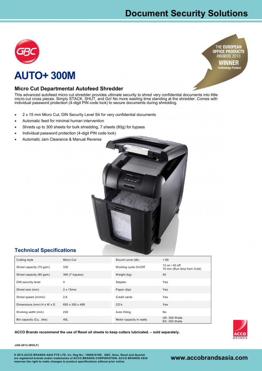 GBC AUTO+300M 碎粉粒狀全自動碎紙機(附4位密碼鎖)