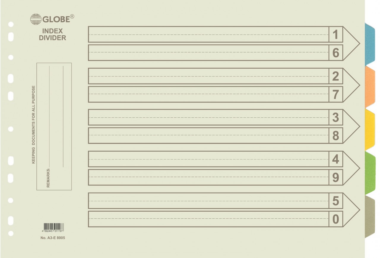 GLOBE 8005 A3E 11-HOLE PAPER INDEX DIVIDER, 5 LEVER (10'S)