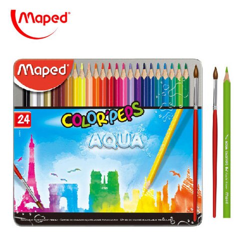 MAPED 836016 24色 水溶性三角木颜色笔 铁盒装