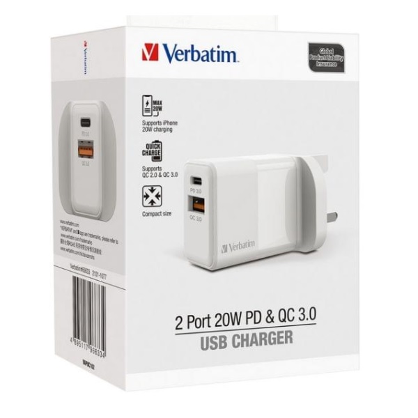 【停產】VERBATIM 66633 2 PORT 20W PD & QC 3.0 USB CHARGER