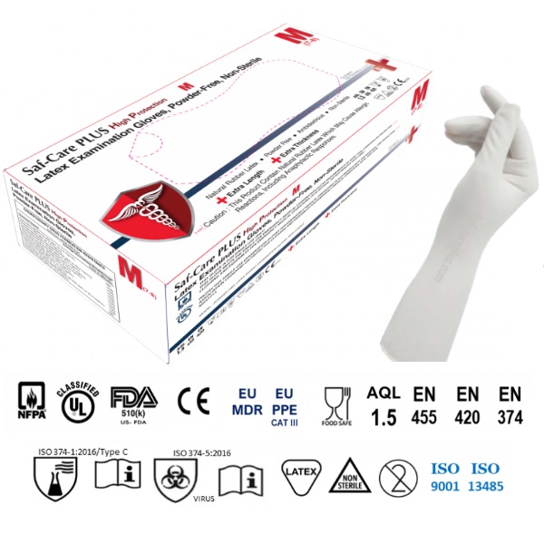 SAF-CARE PLUS HIGH PROTECTION 無粉特厚加長高防護天然乳膠手套(80隻/盒)