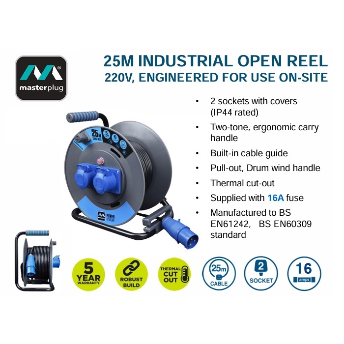 MASTERPLUG OL251622PEBL / 2位 X 16A / 25米工業級拖轆 / 220V / 藍黑色