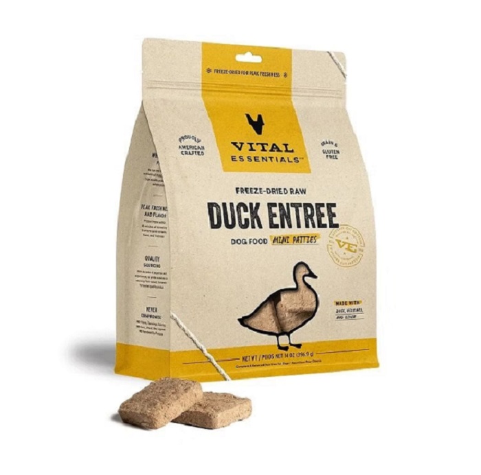 VITAL ESSENTIALS DUCK ENTREE FREEZE-DRIED RAW MINI PATTIES DOG FOOD 14 oz