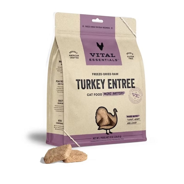 VITAL ESSENTIALS TURKEY ENTREE FREEZE-DRIED RAW MINI PATTIES DOG FOOD 14 oz