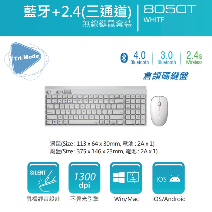 RAPOO 8050T MULTI-MODE WIRELESS DESKTOP SET-WHITE