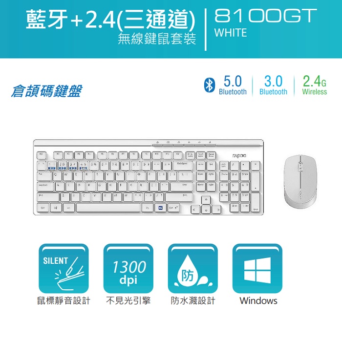 RAPOO 8100GT MULTI-MODE WIRELESS DESKTOP SET-WHITE