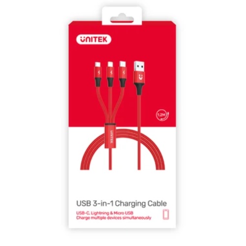 UNITEK C4049RD 3-IN-1 USB 充電線 / TYPE-C + LIGHTNING + MICRO